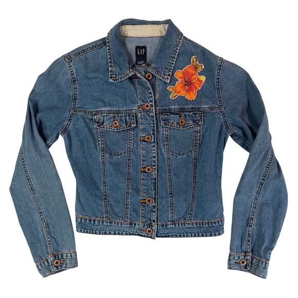 Y2K GAP Women’s Small Denim Jean Jacket Embroidered Hibiscus Flower - Picture 1 of 6